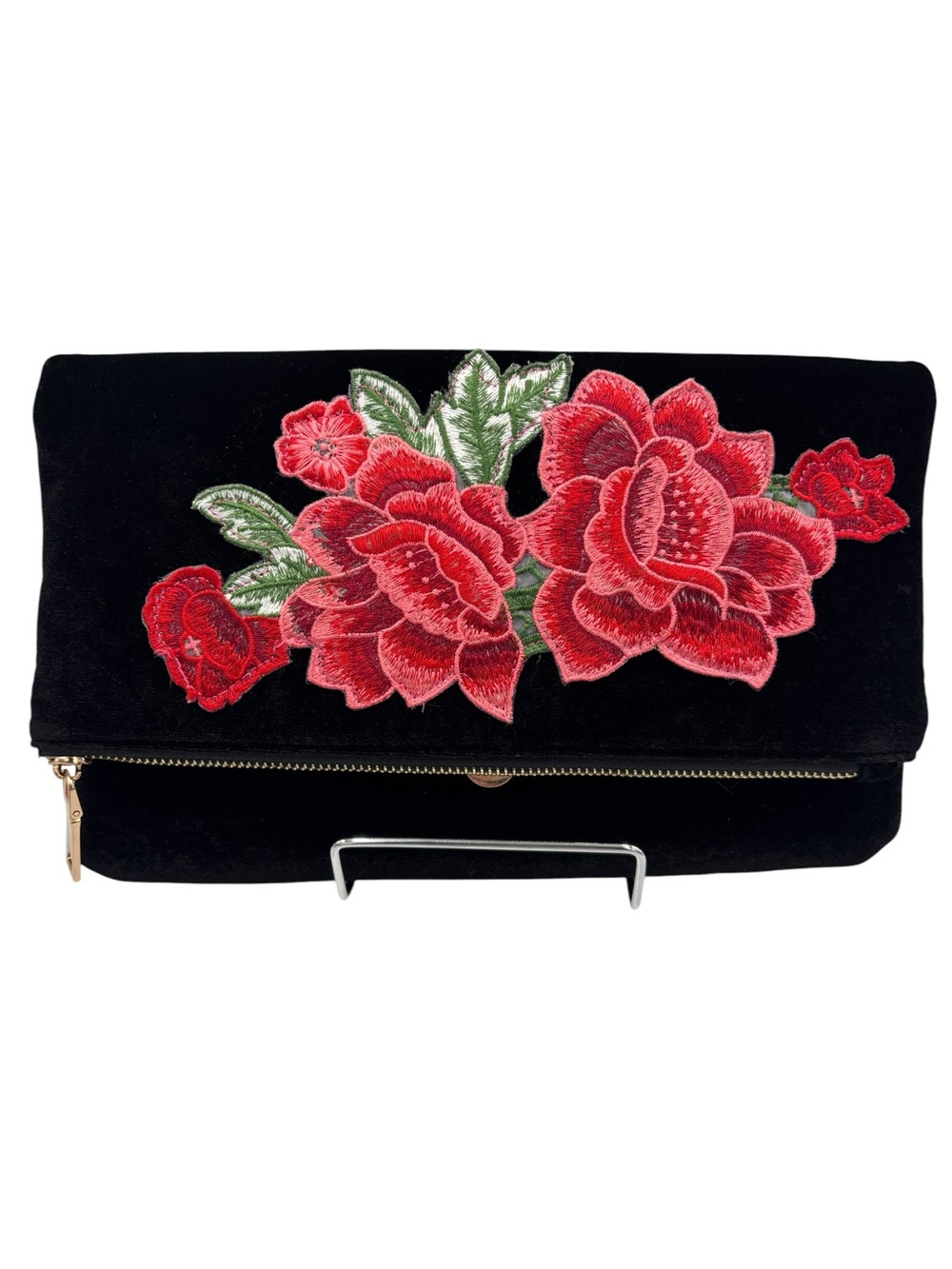 Urban Expressions Black Velvet Floral Embroidered Foldover Clutch Crossbo